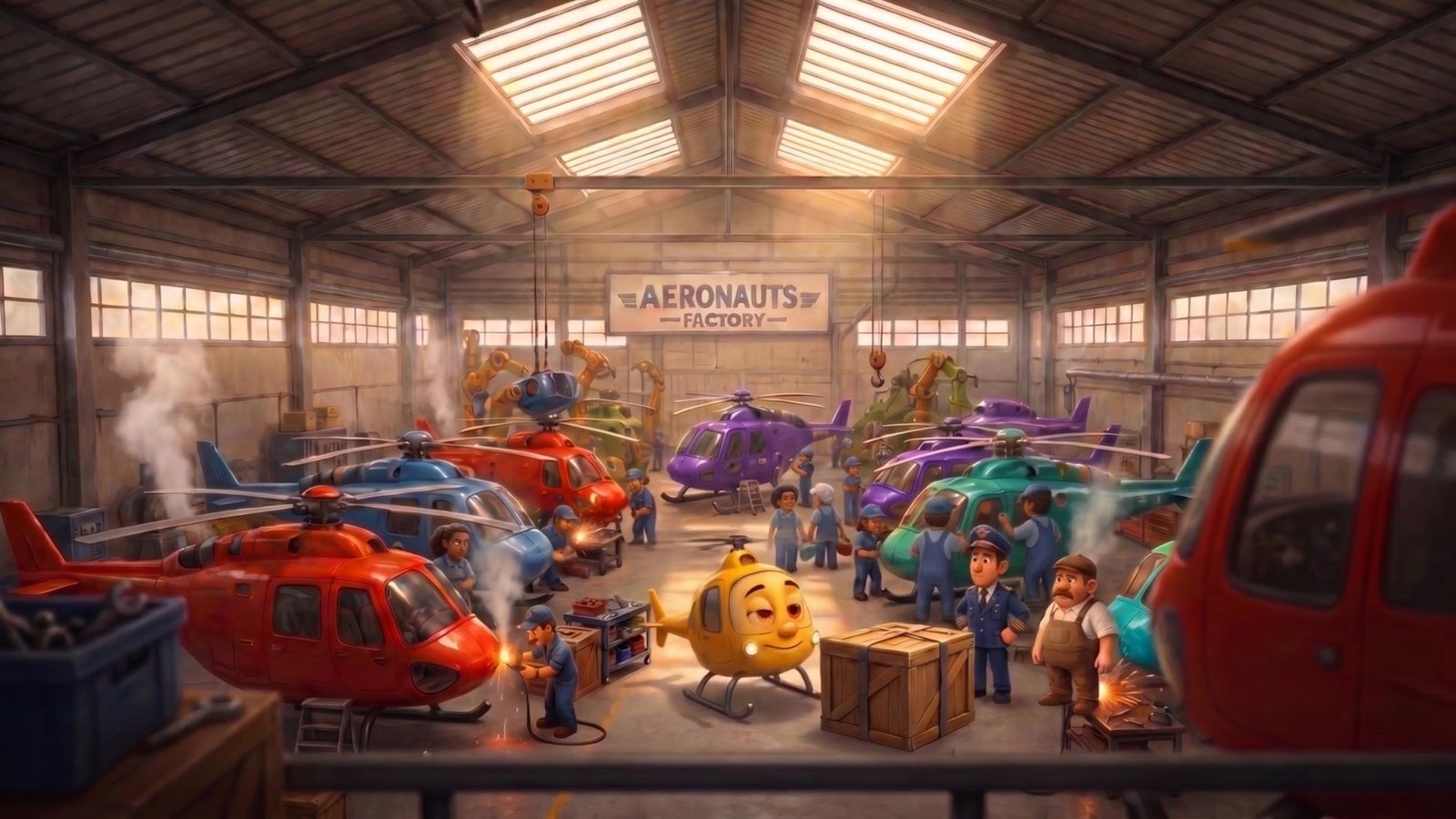 The busy Aeronauts helicopter factory
