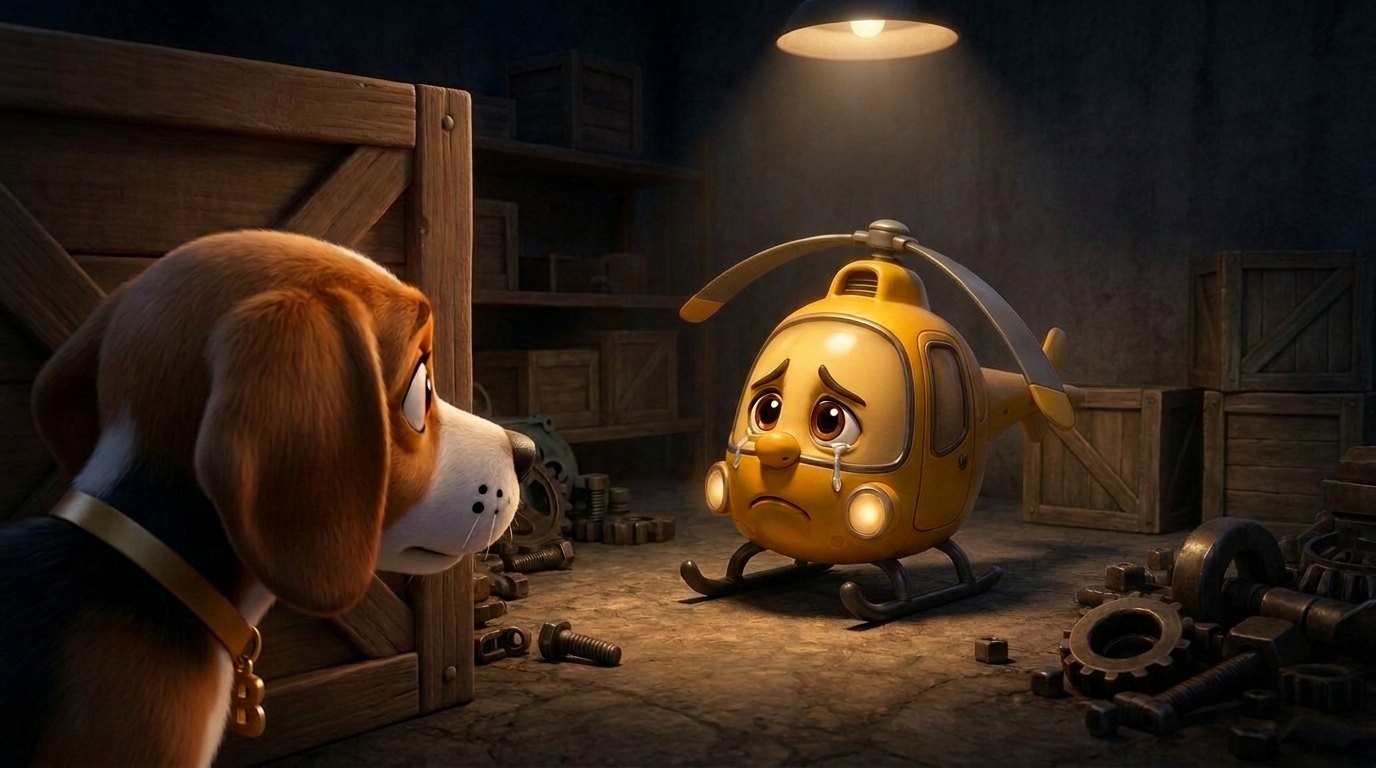Binnie finds the little yellow helicopter crying in a dark corner of the factory