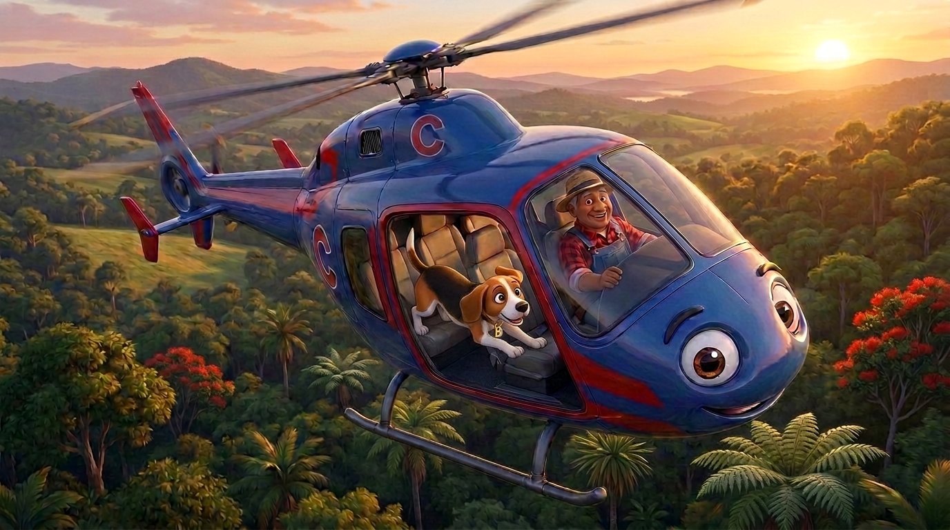 A test flight in the flashy new helicopter, out over the city towards the forest