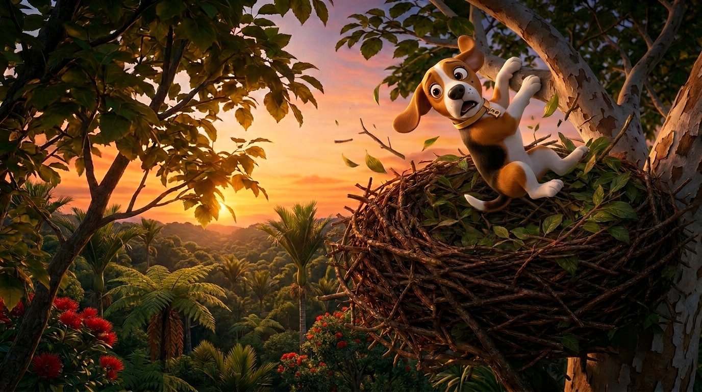 Binnie safe in a giant bird's nest high in a tree as the sun sets