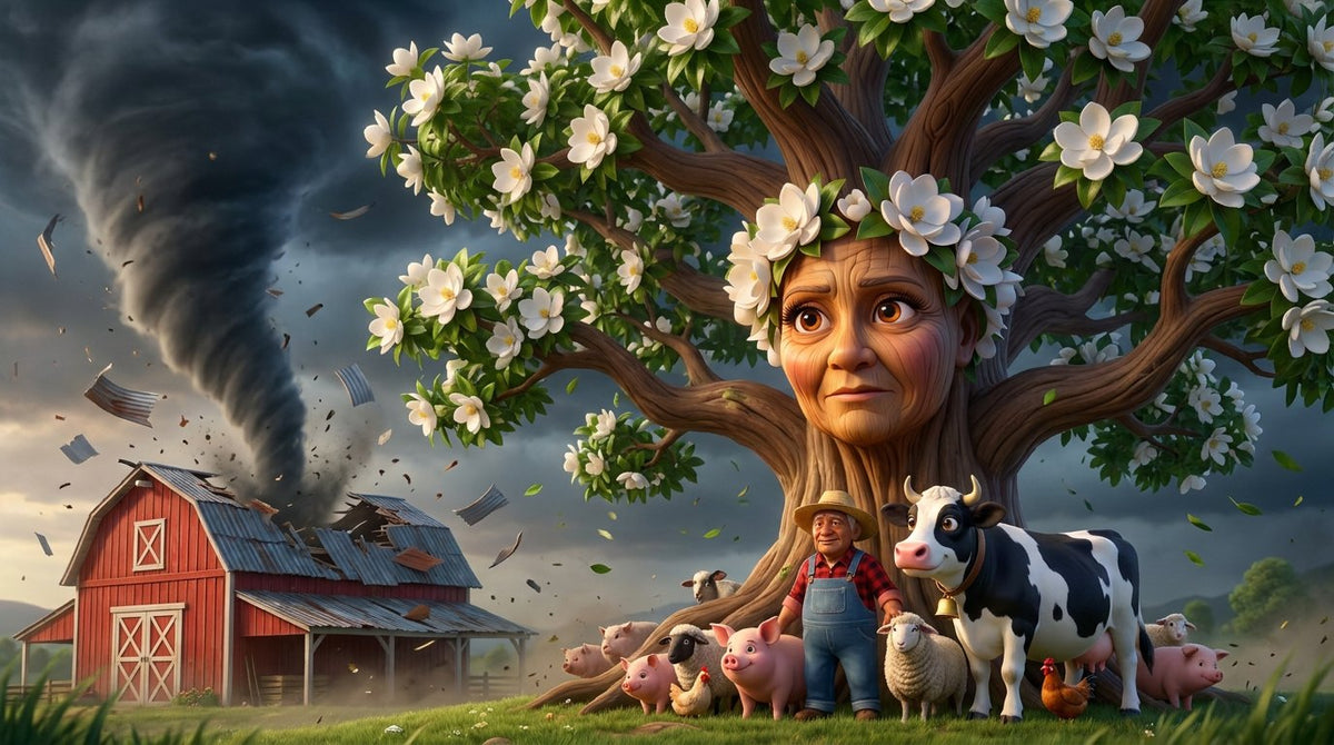 Mema Magnolia shelters the farm animals from the storm