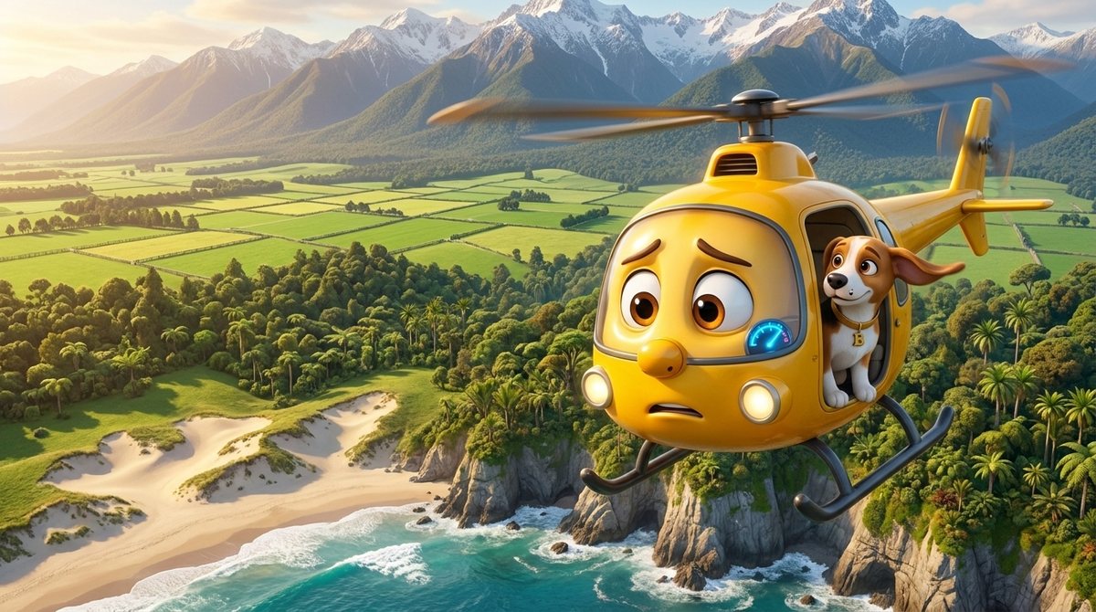 Hewey and Binnie fly over the coast and patchwork paddocks towards the mountains