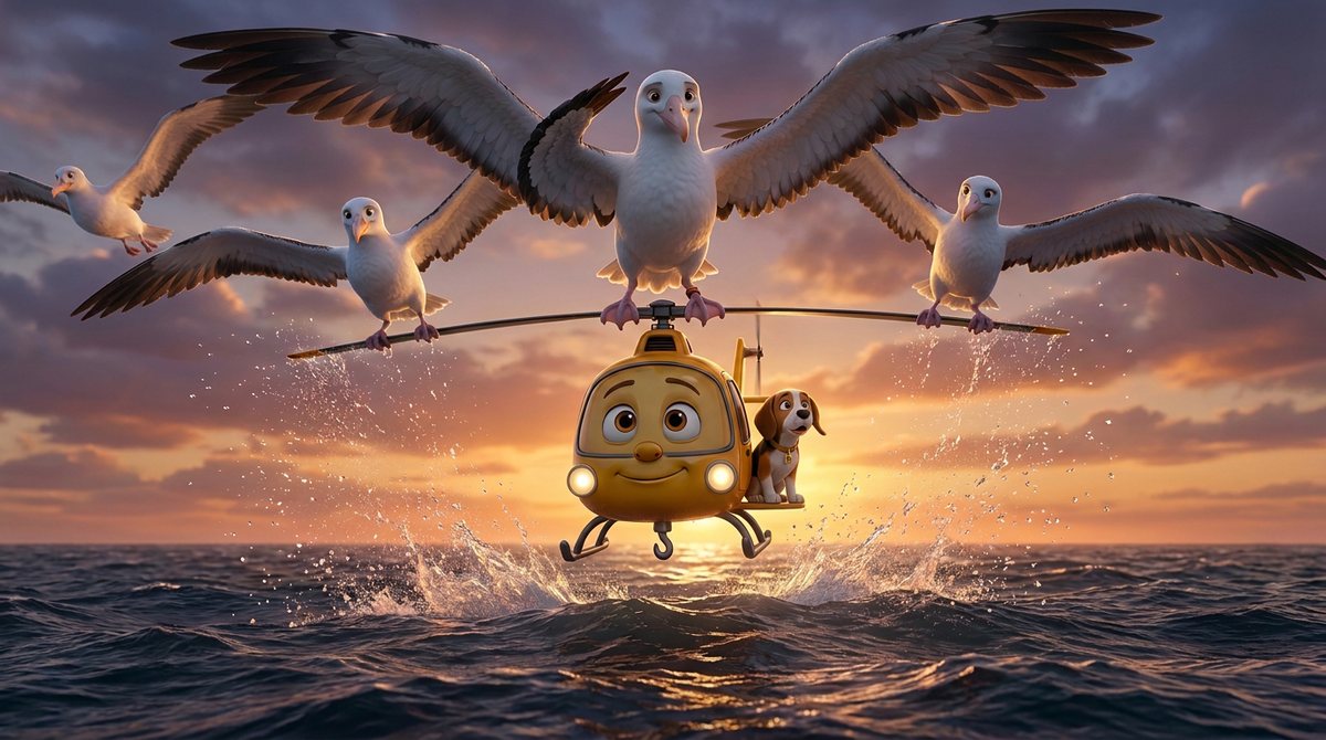 Captain Alfonso and the albatross colony lift Hewey out of the sea